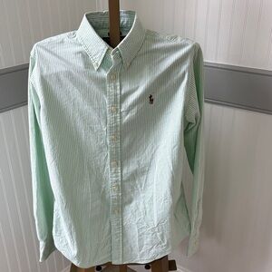 Woman’s Ralph Lauren Blue Label Green Striped Shirt w/ Multi Colored Horse Logo.